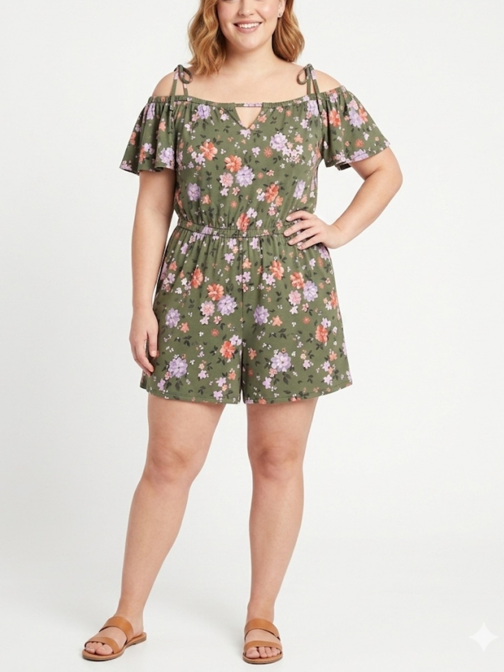 ADDITION ELLE Olive Green Floral Cold Shoulder Keyhole Romper Size 1X